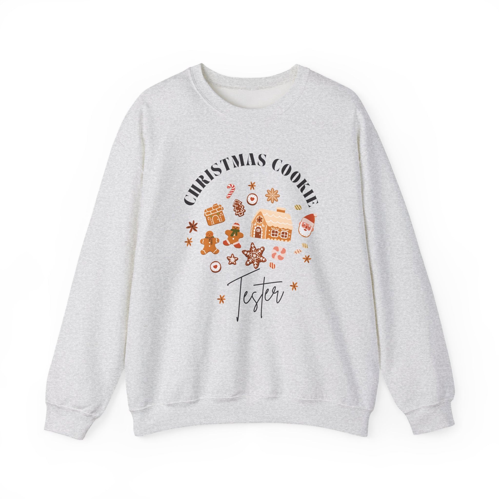 Gray sweatshirt with Christmas-themed design on a white background