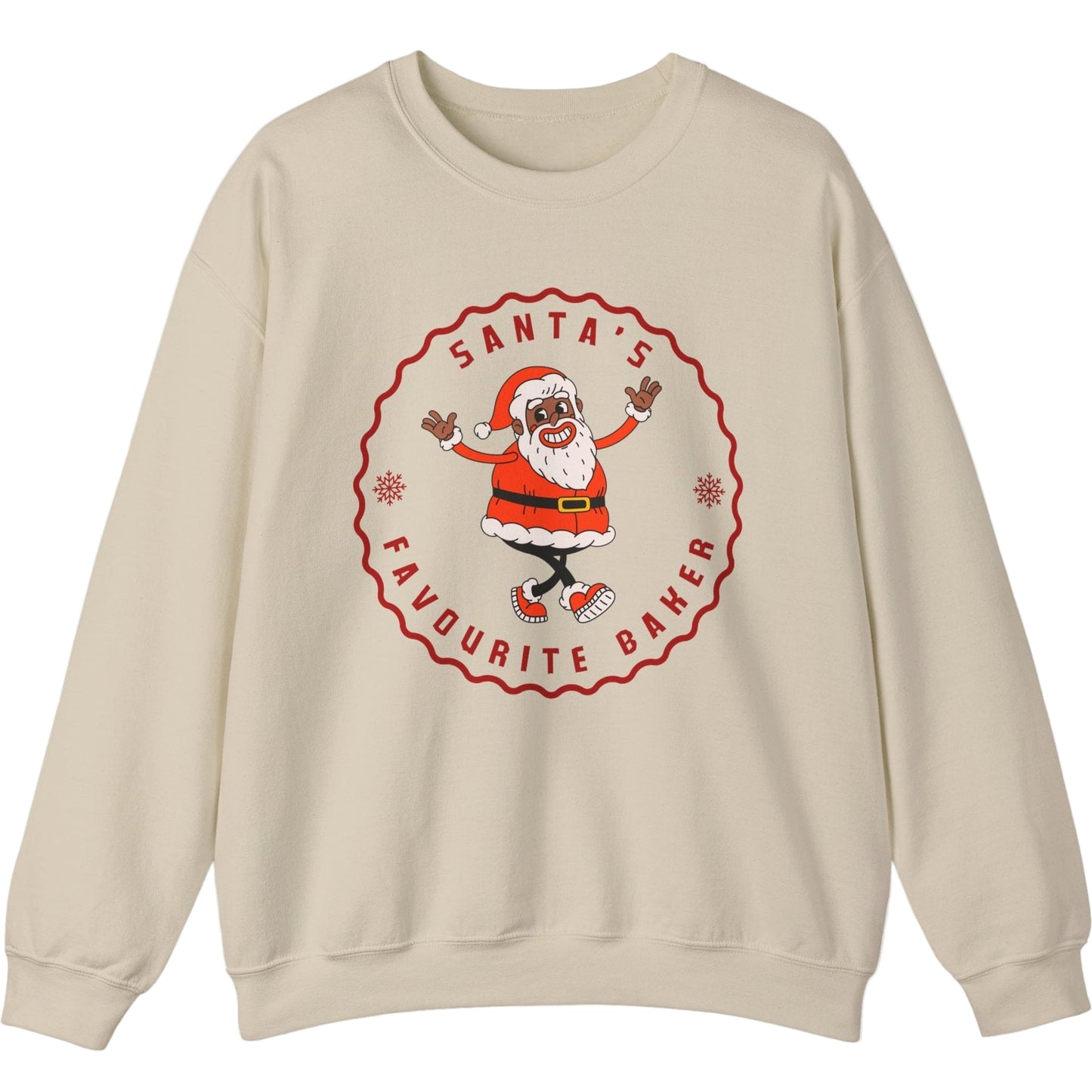 Beige sweatshirt with a graphic of Santa Claus and text 'Santa's Favourite Baker' on a white background