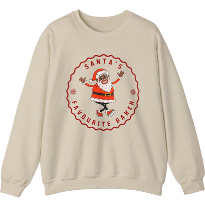 Beige sweatshirt with a graphic of Santa Claus and text 'Santa's Favourite Baker' on a white background