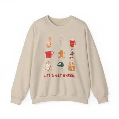 Beige sweatshirt with baking-themed graphics and text on a white background