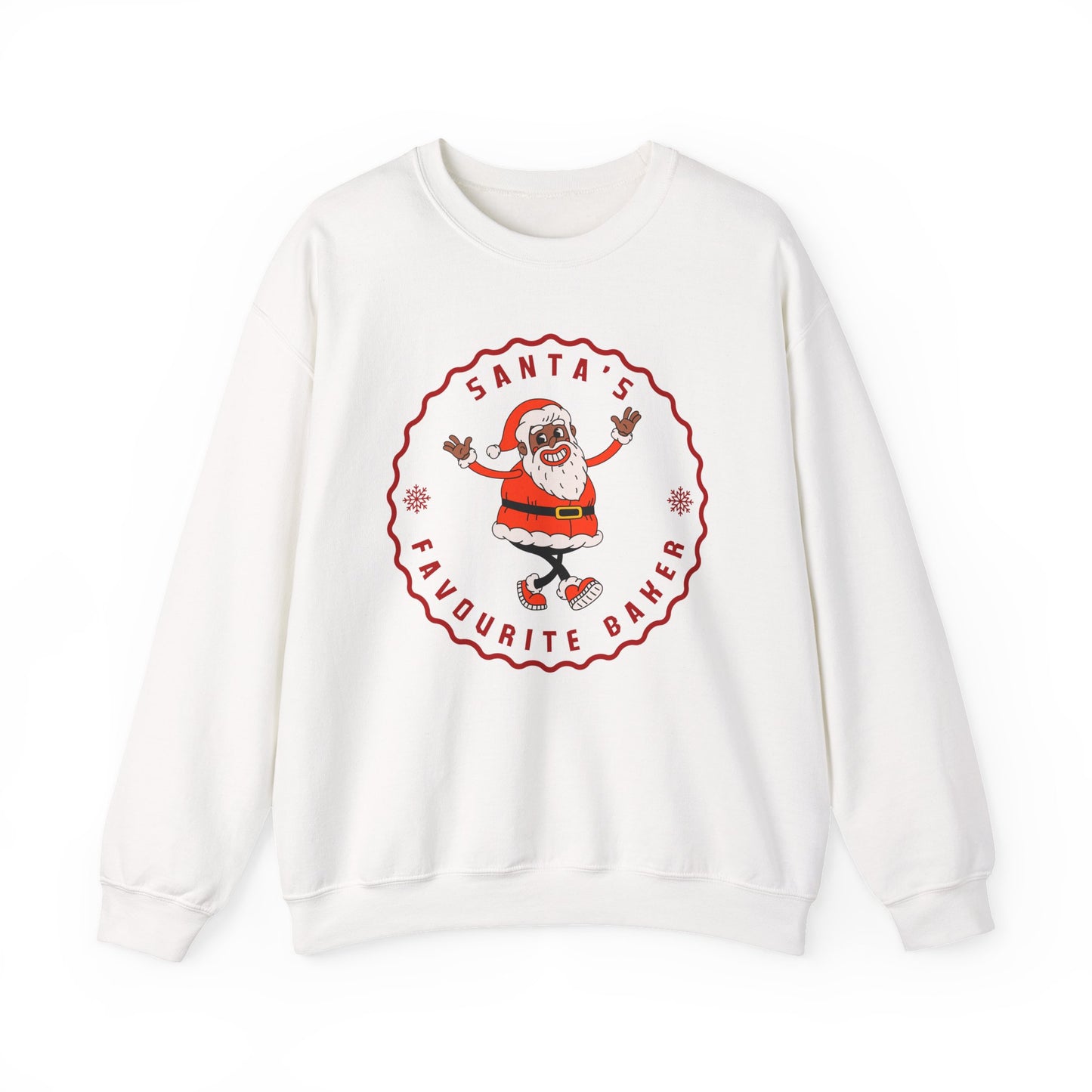 White sweatshirt with a graphic of Santa Claus and text 'Santa's Favourite Baker' on a white background