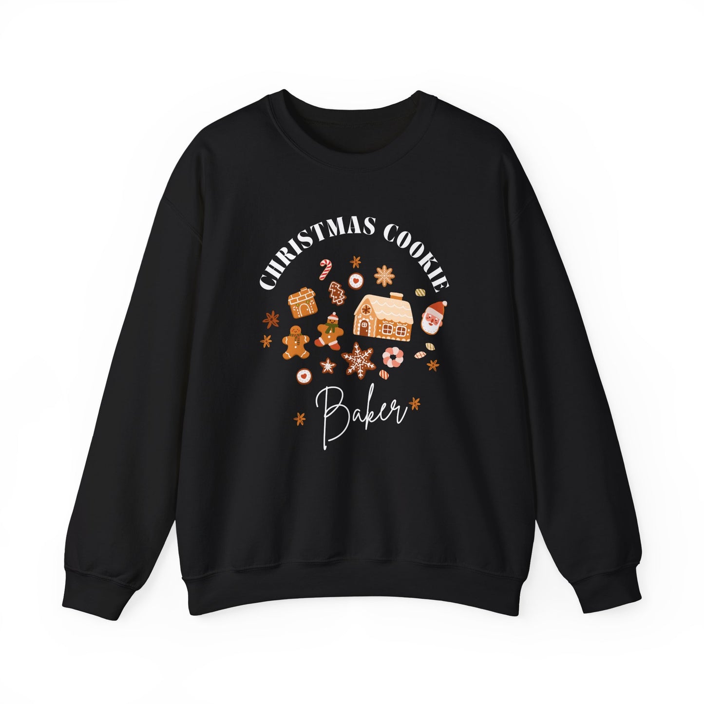 Black sweatshirt with Christmas-themed design on a white background