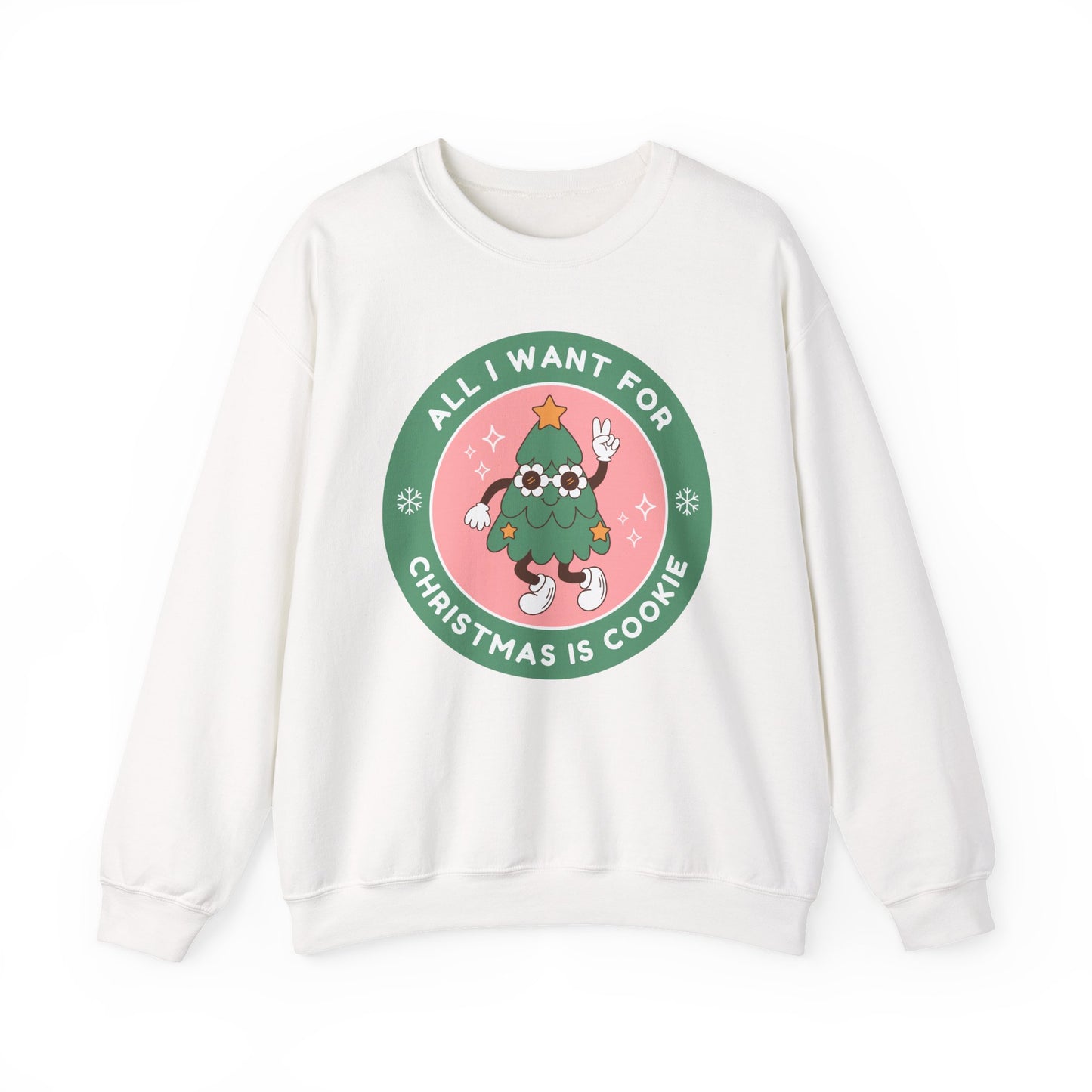 White sweatshirt with a Christmas-themed graphic on a white background