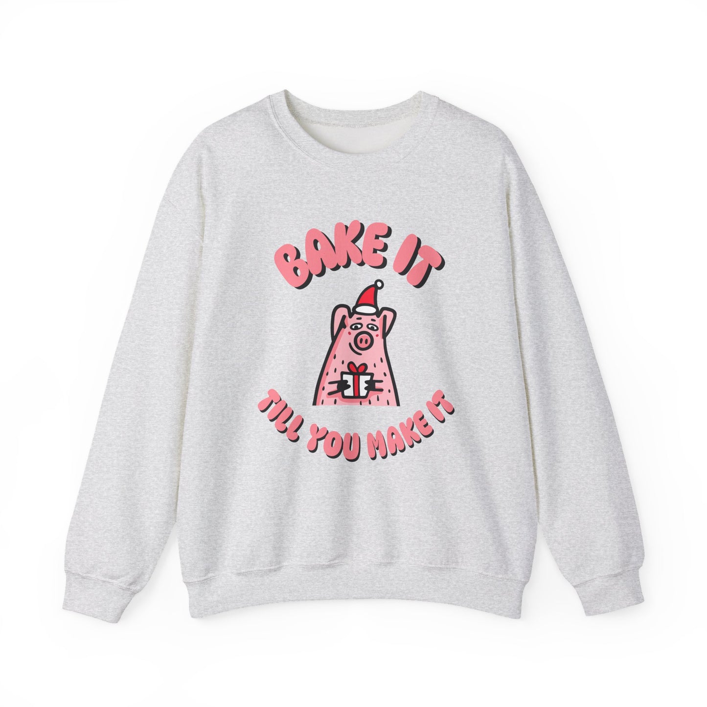 Gray sweatshirt with a cartoon pig and text on a white background