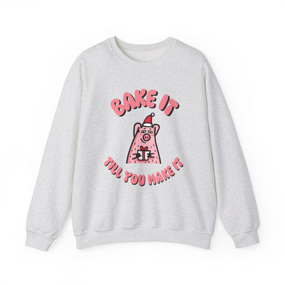 Gray sweatshirt with a cartoon pig and text on a white background