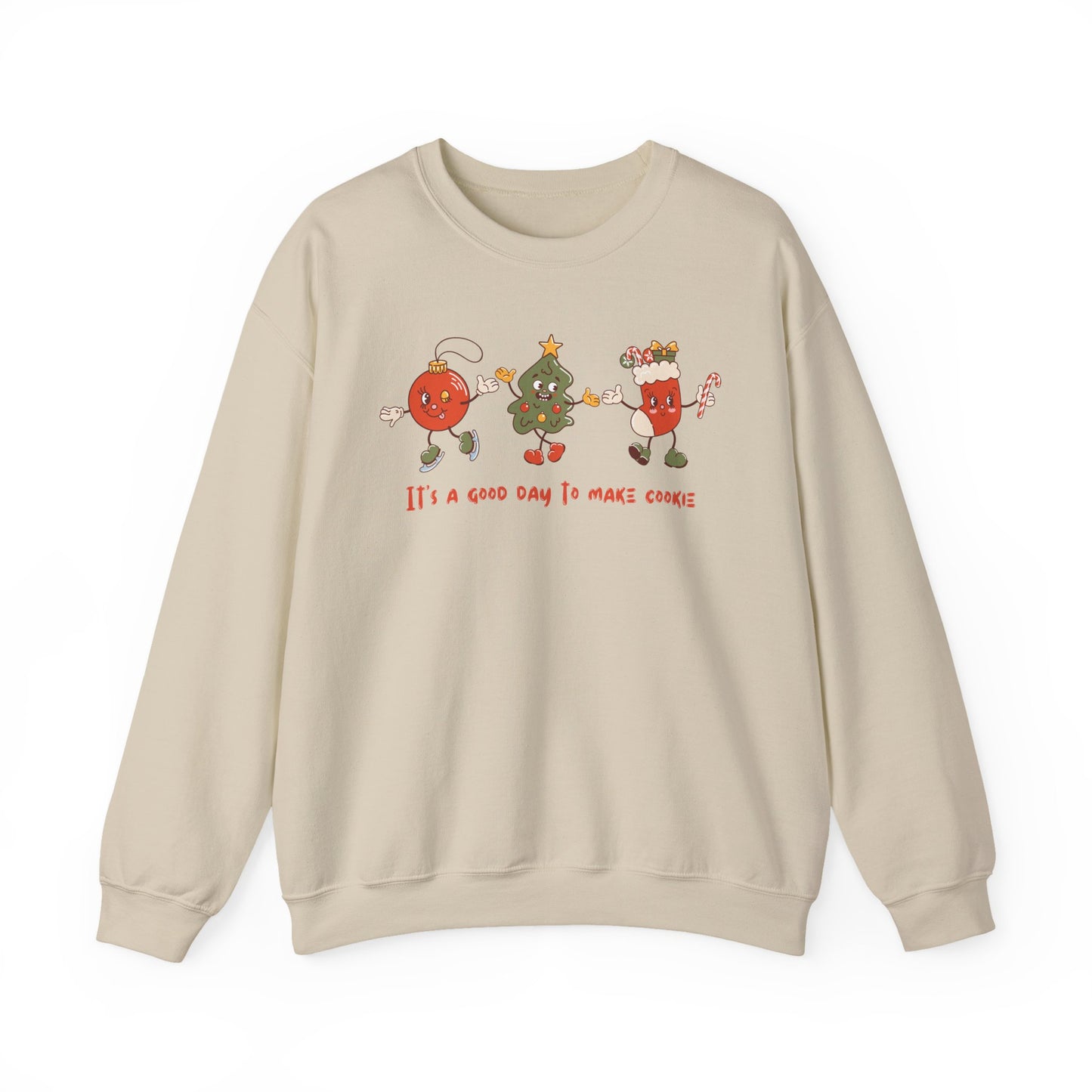 Beige sweatshirt with cartoon characters and text on a white background