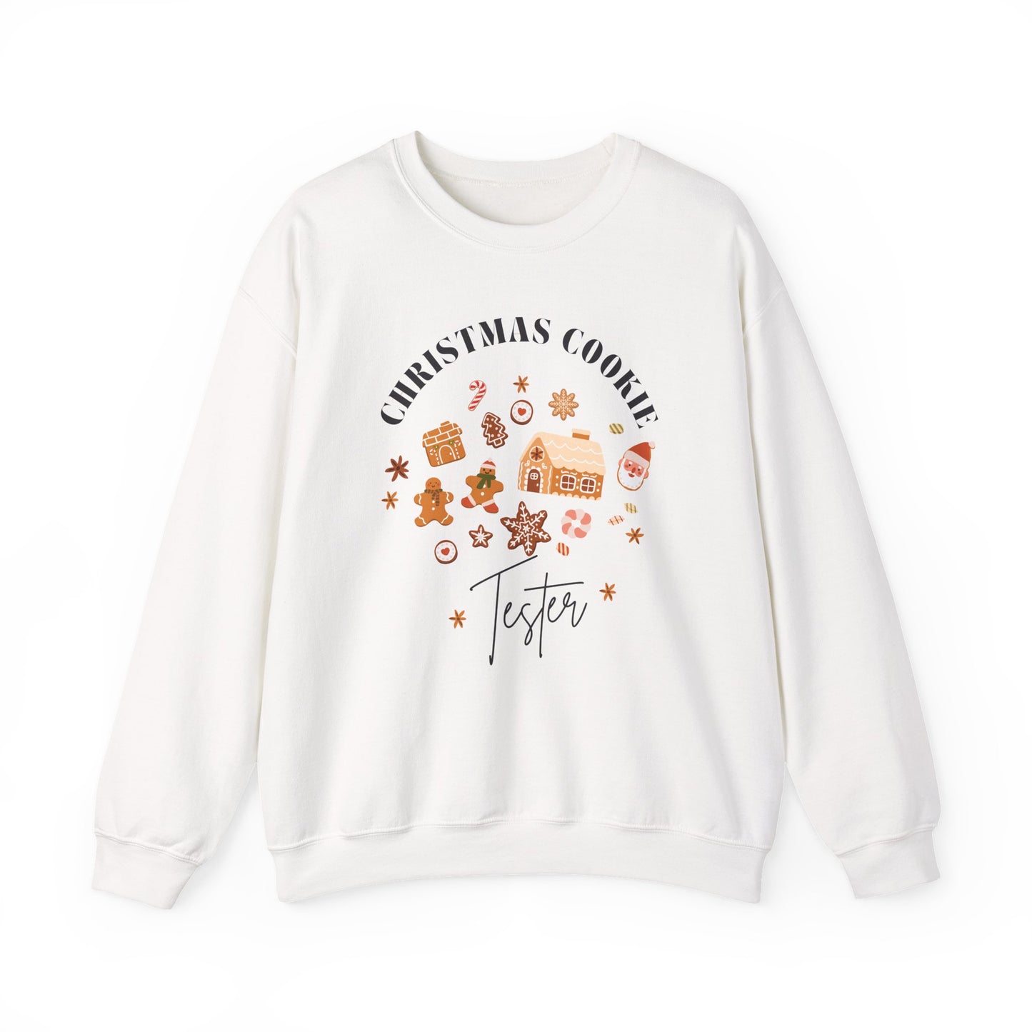 White sweatshirt with Christmas-themed design and text on a white background
