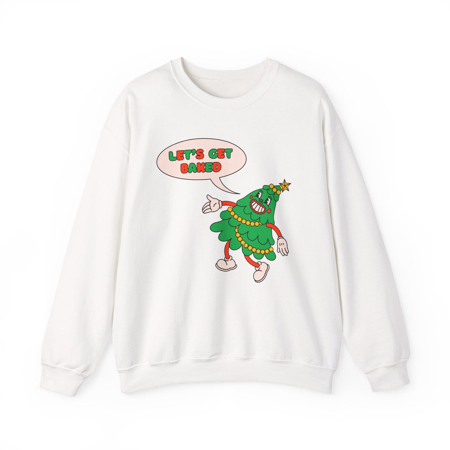 White sweatshirt with a cartoon Christmas tree character and 'Let's Get Baked' text on a white background