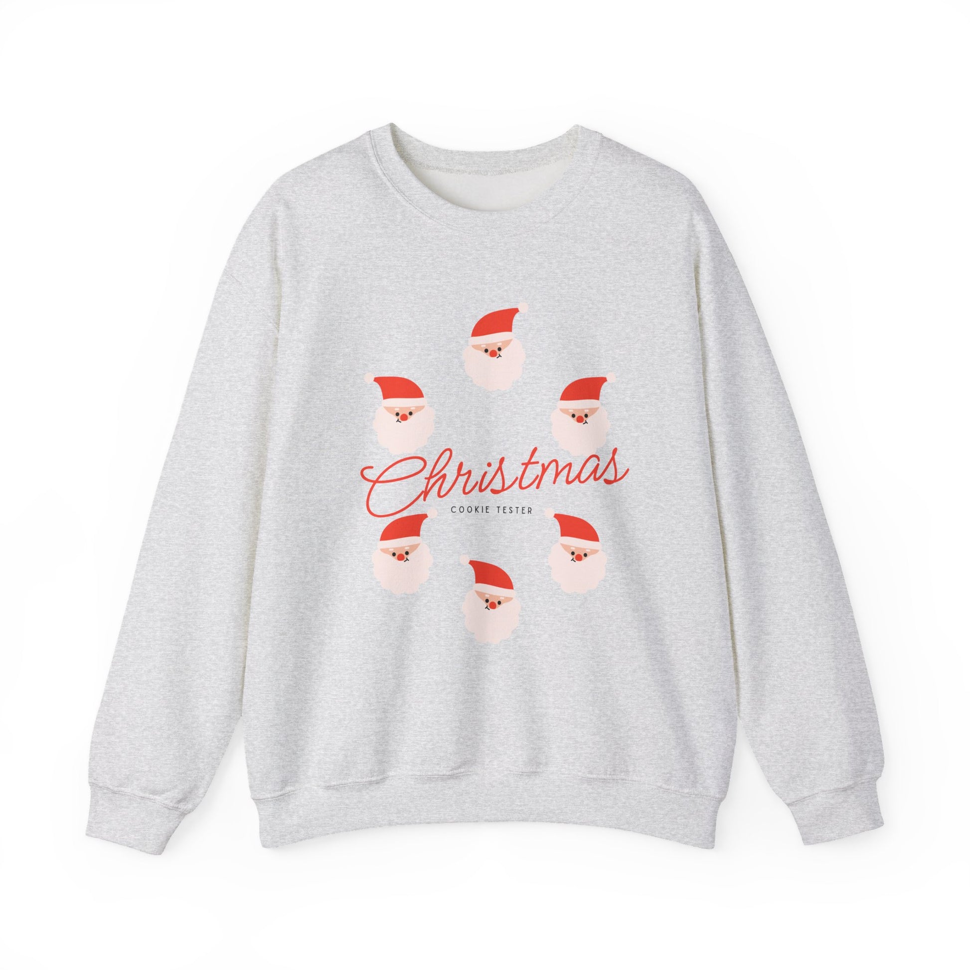 Gray sweatshirt with Christmas-themed design featuring Santa Claus on a white background