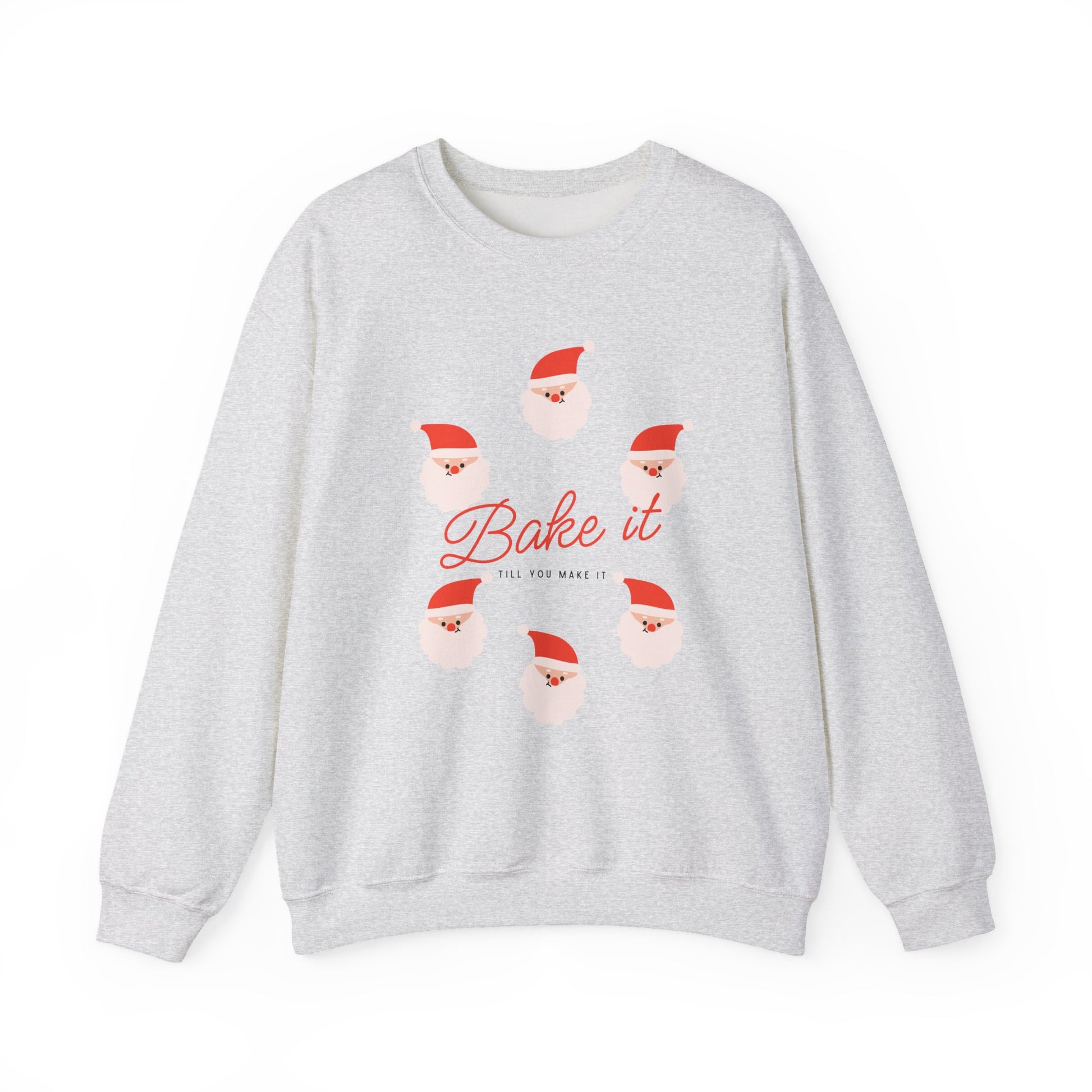 Gray sweatshirt with Santa Claus graphic and 'Bake it' text on a white background