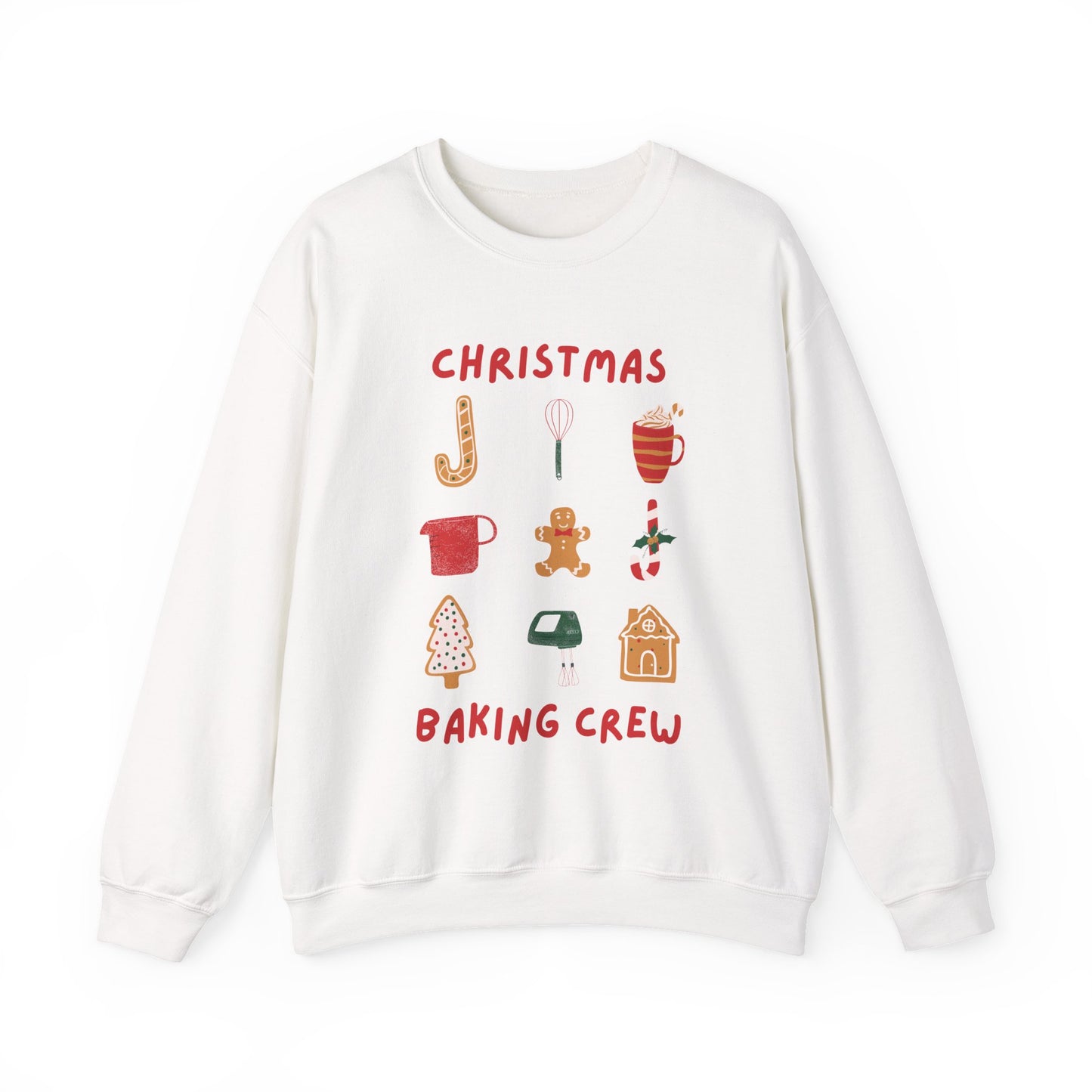 White sweatshirt with Christmas-themed graphics and text on a white background
