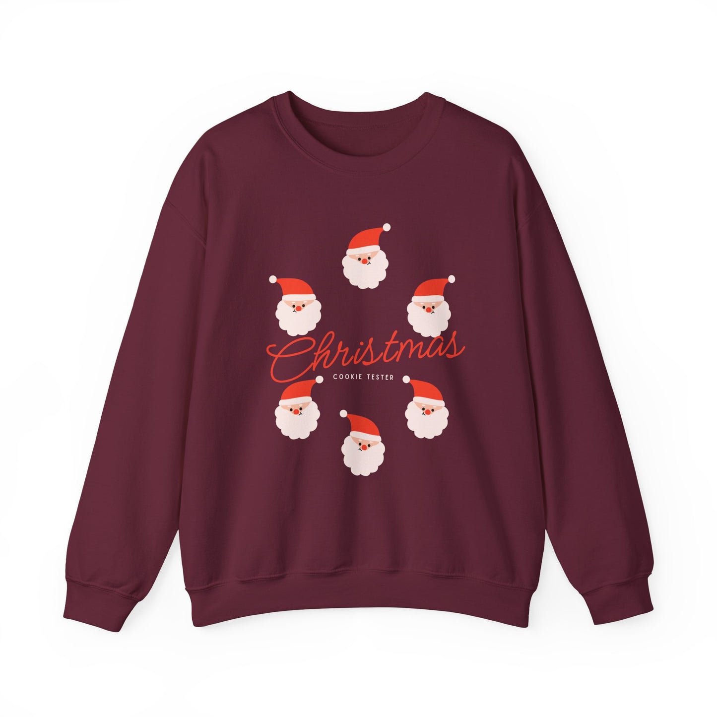Maroon sweatshirt with Christmas-themed design on a white background