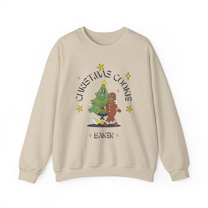 Beige sweatshirt with Christmas-themed graphic on a white background