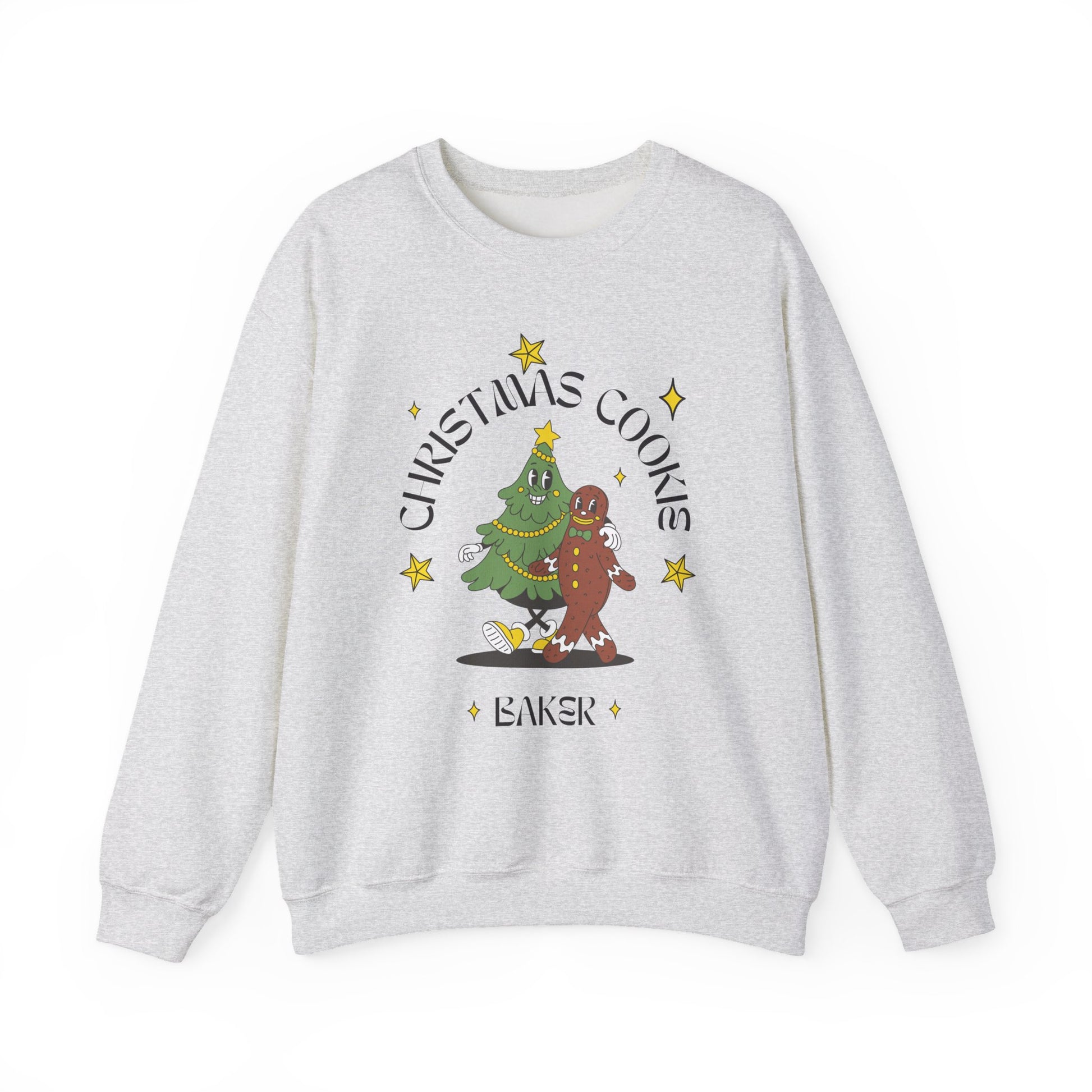 Gray sweatshirt with Christmas-themed graphic on a white background
