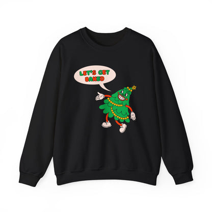 Black sweatshirt with a cartoon christmas tree and 'Let's Get Baked' text on a white background