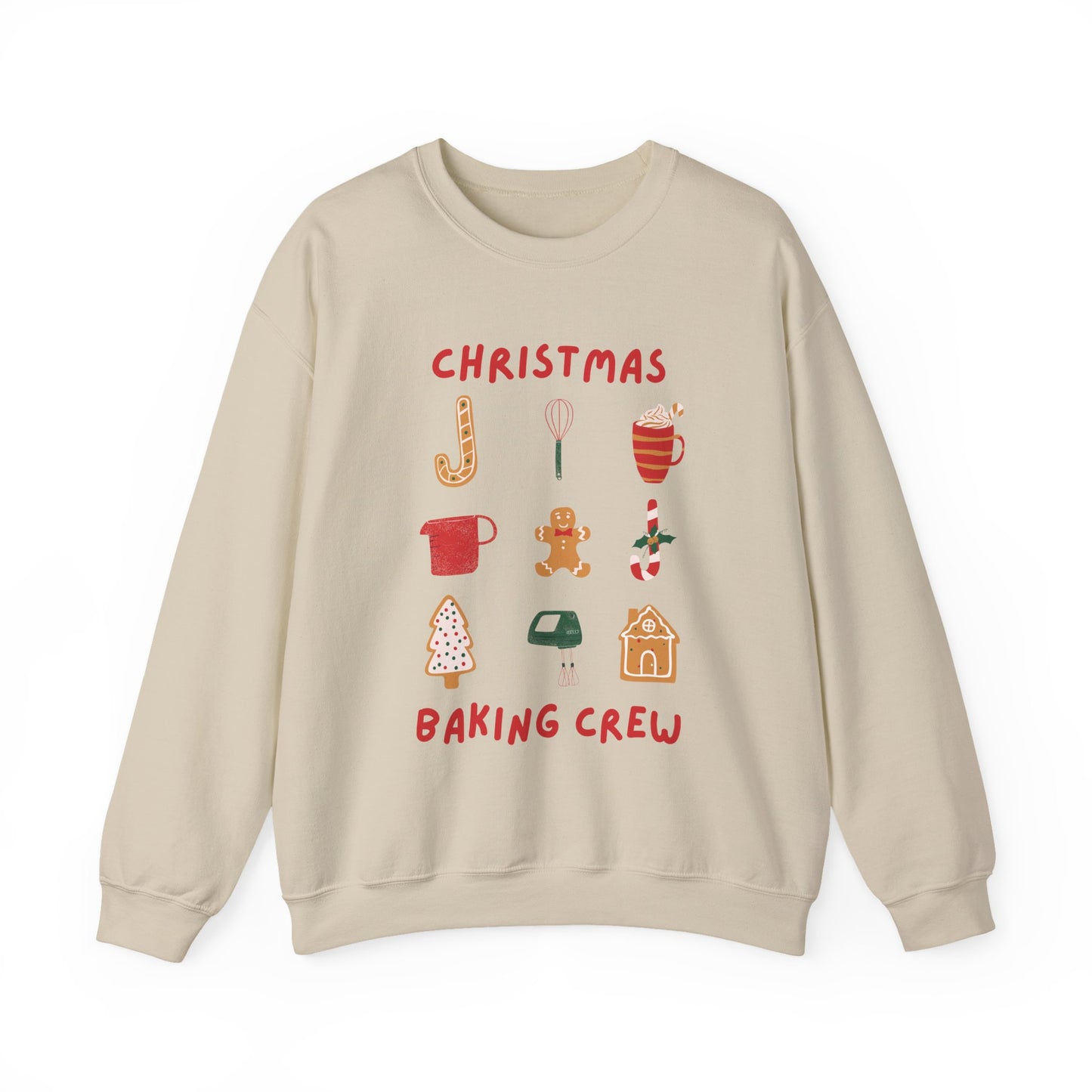 Beige sweatshirt with Christmas-themed graphics and text on a white background