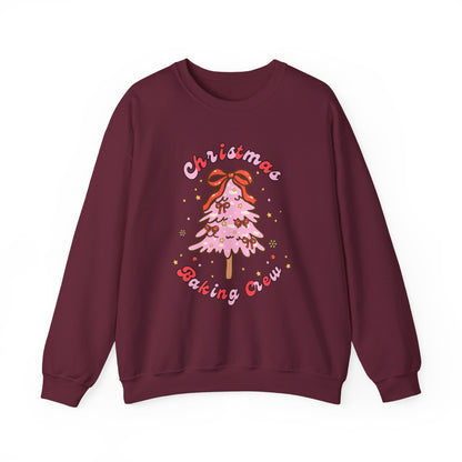 Maroon sweatshirt with Christmas tree and 'Christmas Baking Crew' text on a white background